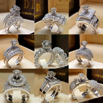 2 PCS/Set Series ! Trendy Milangirl White Crystal Round Ring Set For Women Girls Wedding Engagement Party Fashion Jewelry 1