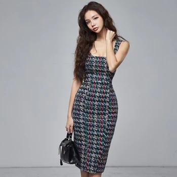 

2020 Summer Women Spaghetti Strap Dress High Waist Sexy Sleeveless Square Collar Dresses Office Lady Pencil Dress My080