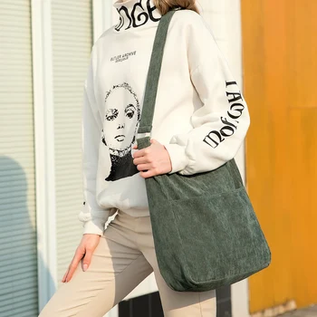 

Women Corduroy Shoulder Bag Zipper Large Capacity Simple Canvas Purse Messenger Bags Female Solid Soft Cloth Handbag Big Totes