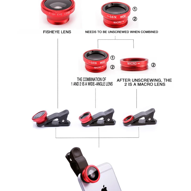 3 In 1 Wide Angle Mobile Phone Camera Lens Fish Eye Macro Lens for Iphone 7 8 6 X 11 Universal Smartphone Fisheye Lens with Clip cell phone camera lens Lenses