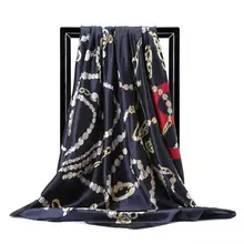 Шелковый женский шарф с принтом винтажная цепь летние квадратные головные шарфы атласный фуляр шаль платок роскошный бренд черный мусульманский хиджаб
