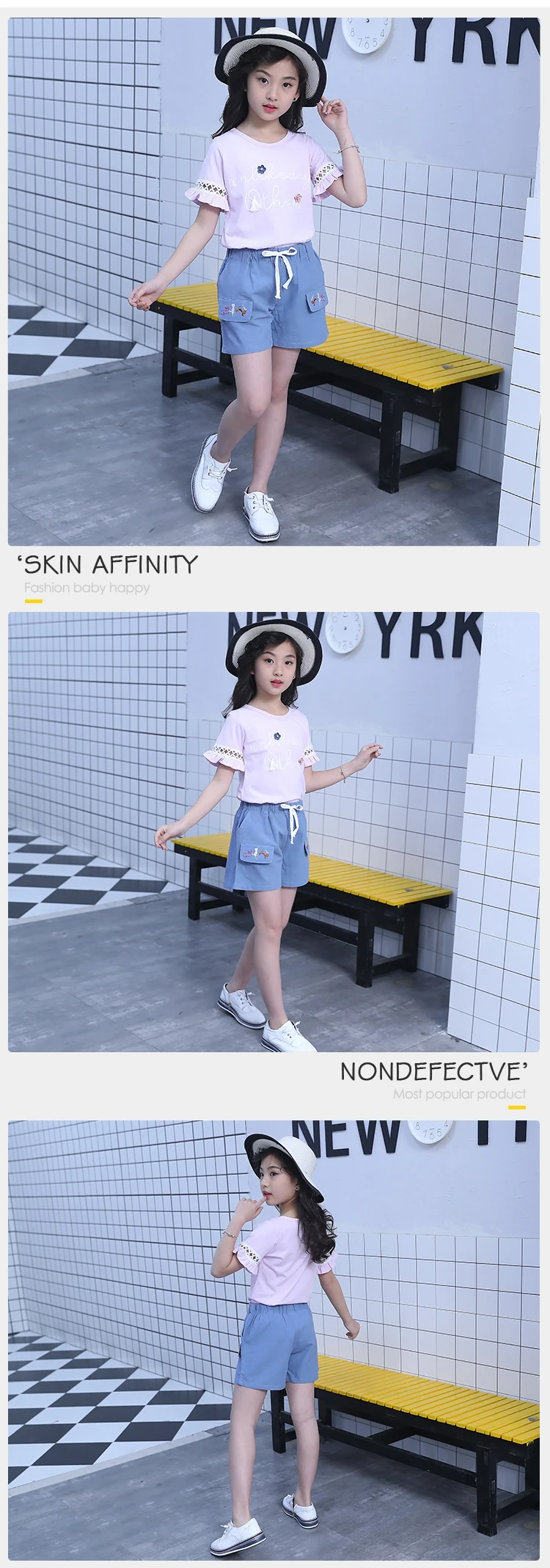 Children Girls Clothes Shops Online 2 Piece Hollow Lotus Sleeve Matching Top And Shorts Outfit For Girls