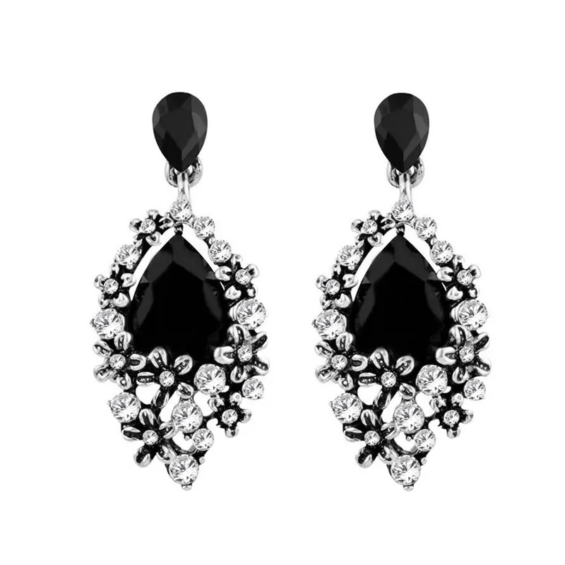 black stone SINLEERY Роскошные винтажные черный кубический цирконий капли воды серьги для женщин античный серебряный цвет новая мода Es599 SSC - Окраска металла: black stone