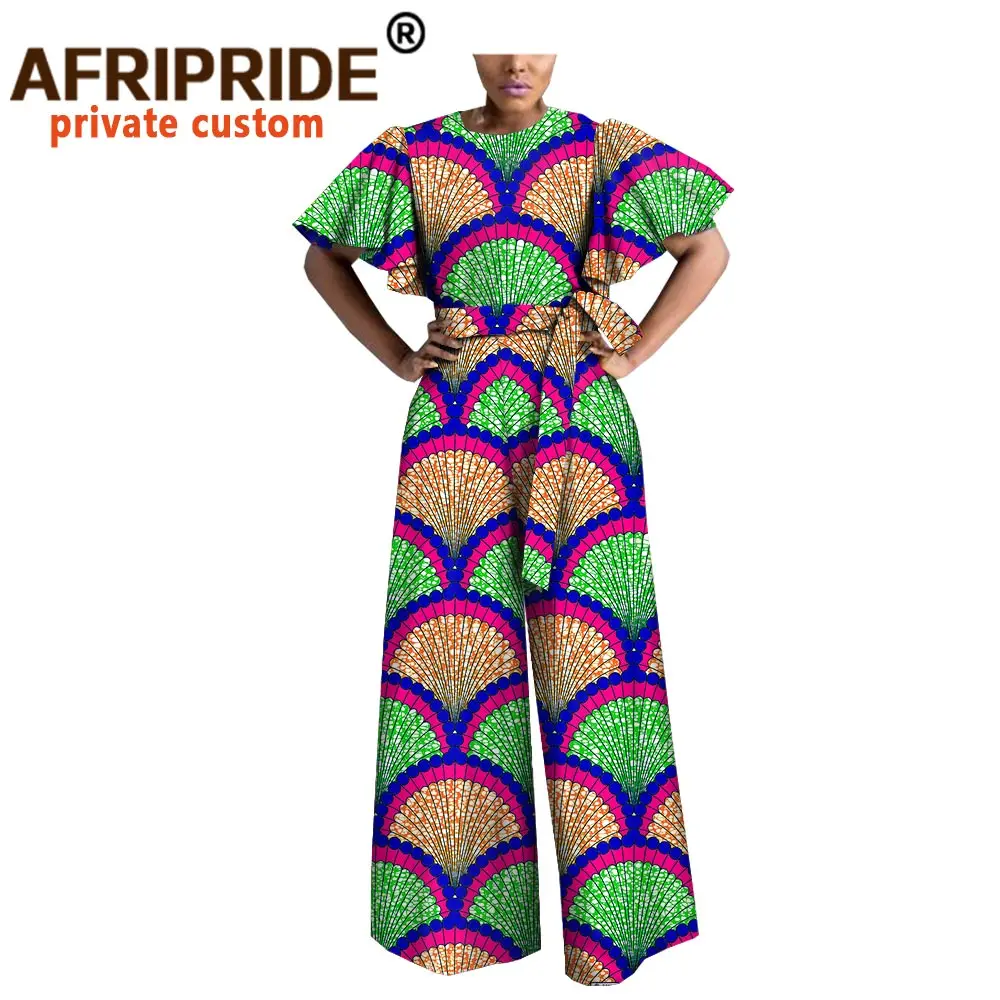 

African Clothes for Women Jumpsuit Bodysuit Ankara Clothing Print Outfits Short Sleeve O-Neck Casual Wear with Belt A1829009