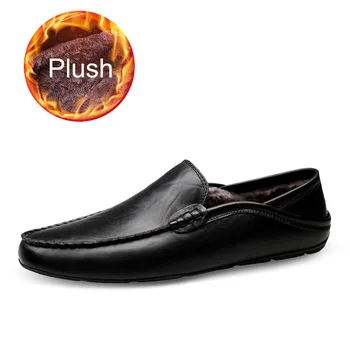 

Men Loafers Luxury Winter Warn Party Shoes Plush Moccasins Big Size Leather Mens Flats Driving Shoes Slip On Lazy Shoes Black