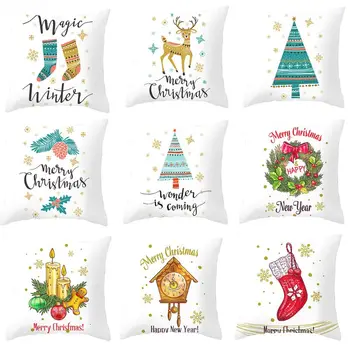 

Christmas Polyester Velvet Pillow Case Cartoon Santa Tree Print Cushion Cover