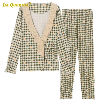 

Spring Autumn Soft Long Sleeve Long Pants Sleepwear Fashion Style Casual Style Homesuit Homeclothes Pajamas Woman Plaid Printing