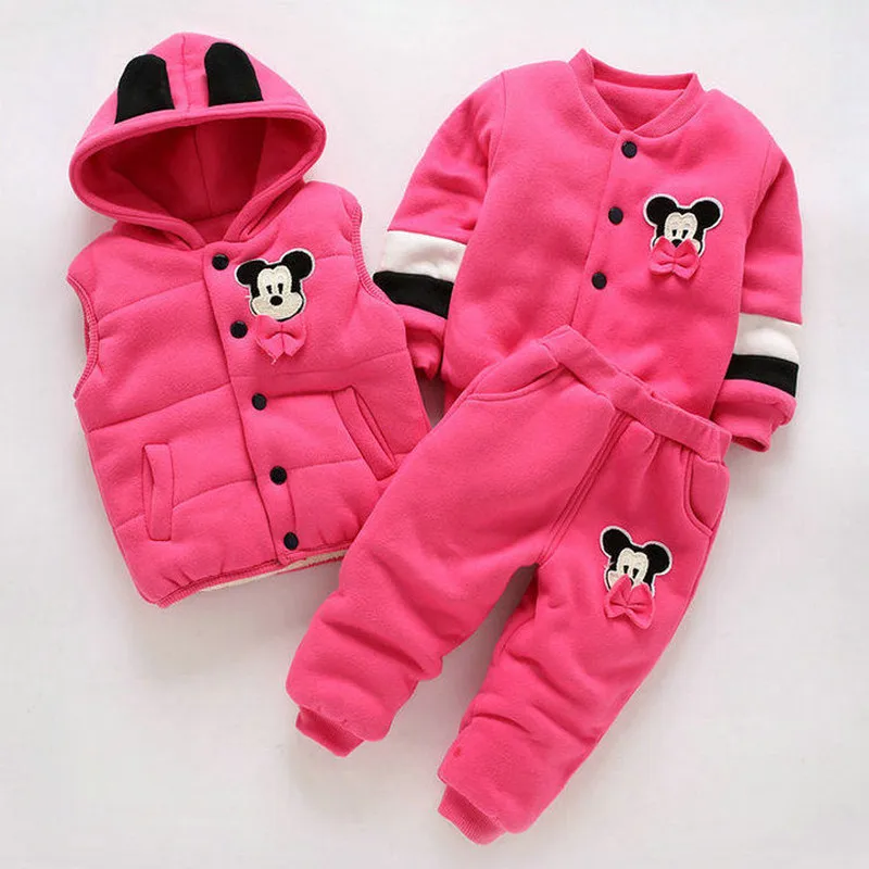 

Minnie Mickey baby Girls Clothes set 2019 winter Warm Hooded jacket +Thicken coat +Pants 3PCS Baby Girl Clothes Kids bebe Suits