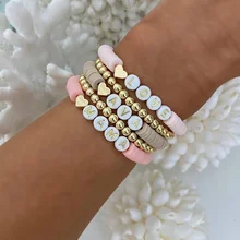 

Shinus 4pcs/5pcs/ Lot Heart Bracelets Gold Color Beaded Heishi Beads Bracelet For Women Polymer Clay LOVE MAMA Letter Jewelry