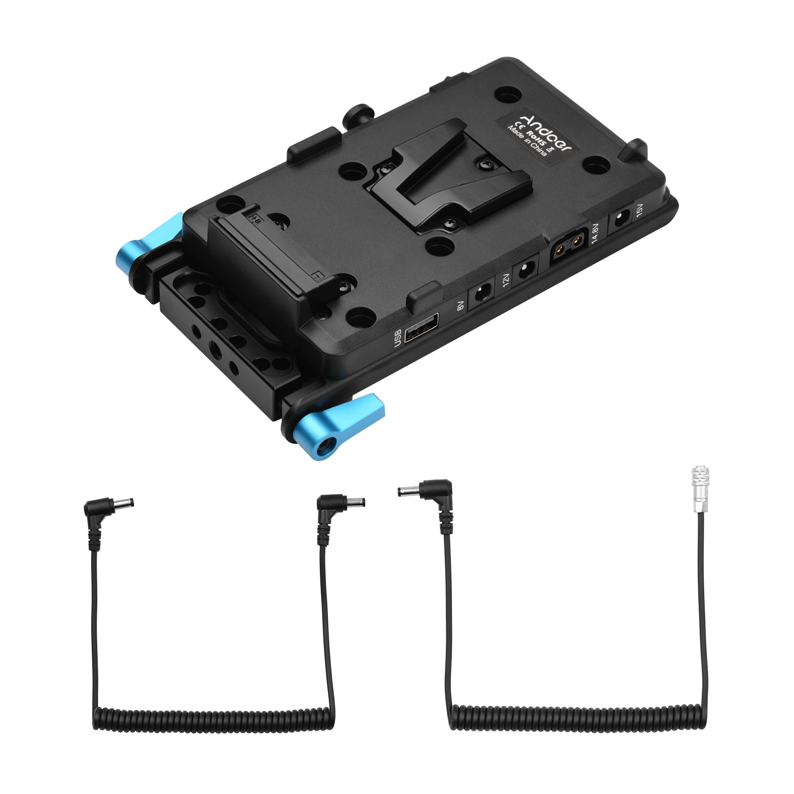 V Mount V-lock Battery Plate Adapter 15mm Dual Hole Rod Clamp Power Adapter Replacement for 4K/6K Camera Video Light Andoer
