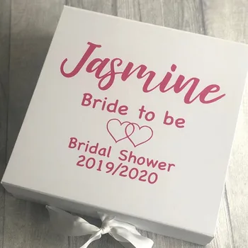 

Personalised Bride To Be Bridal Shower Gift Box, White Ribbon Box, Interlocked Heart Design, Bride To Be Gift Keepsake Present