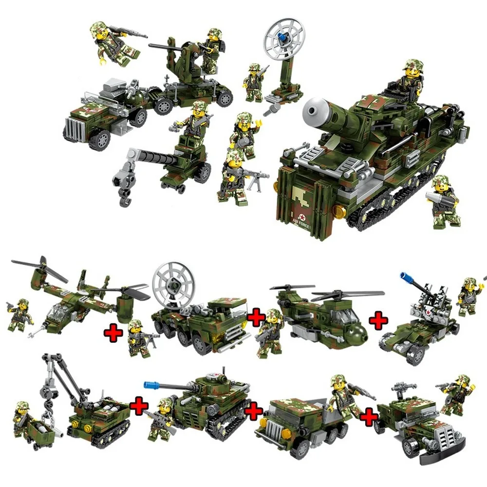 

8 in 1 Field Army Tank Aircraft Compatible Assembled Building Blocks Children Educational Toys Christmas Birthday Gift