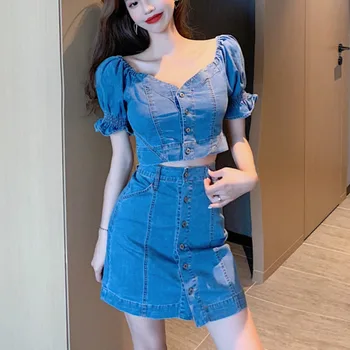

2020 Summer Denim 2 Piece Set Women Sexy Slash Neck Puff Sleeve Crop Top + Mini Bodycon Skirt And Top Set Two Piece Outfits