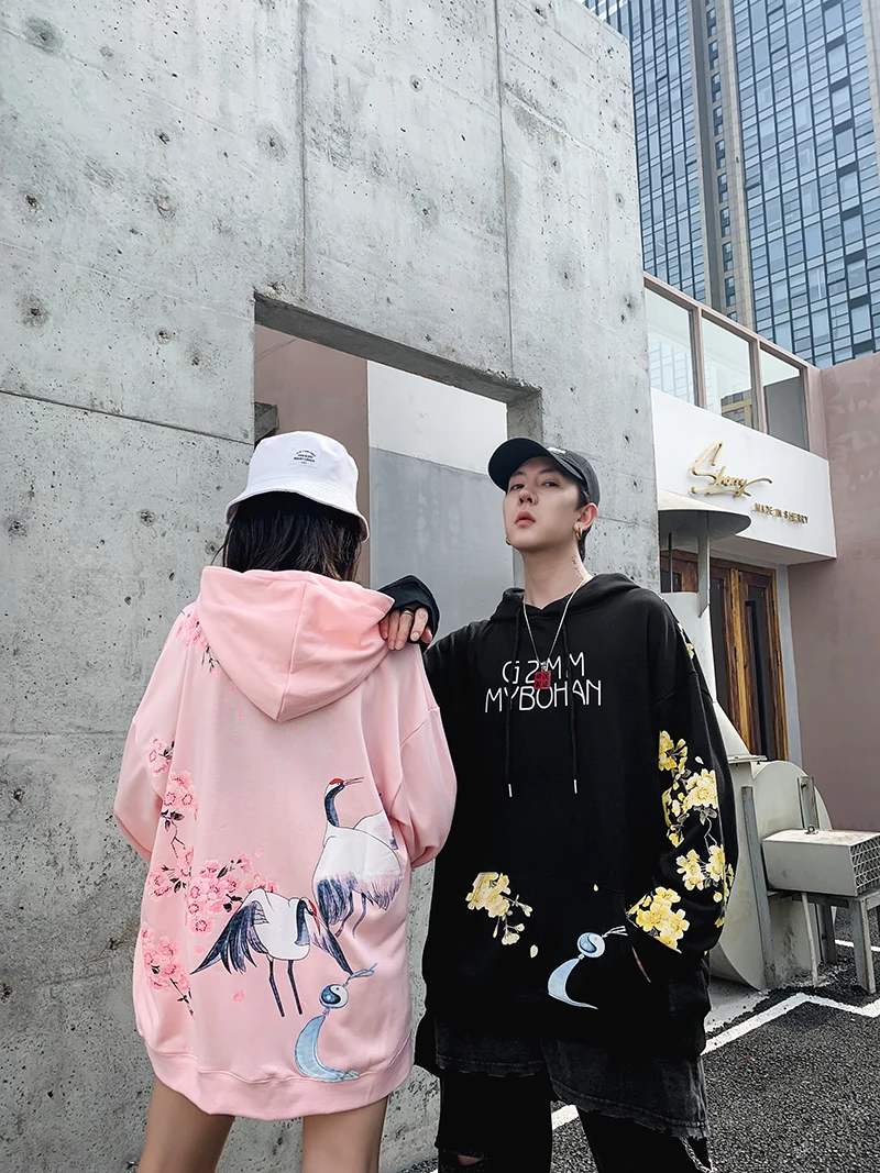 Dropshipping Chinese Style Flower Crane Printing Male Female Autumn Winter Hooded Sweatshirt Fashion Cotton Couple Hoodies