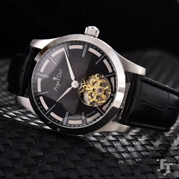 

Classic New Men Automatic Mechanical Waterproof Stainless Steel Pepetition Minutes Black Leather Sapphire Tourbillion Watch