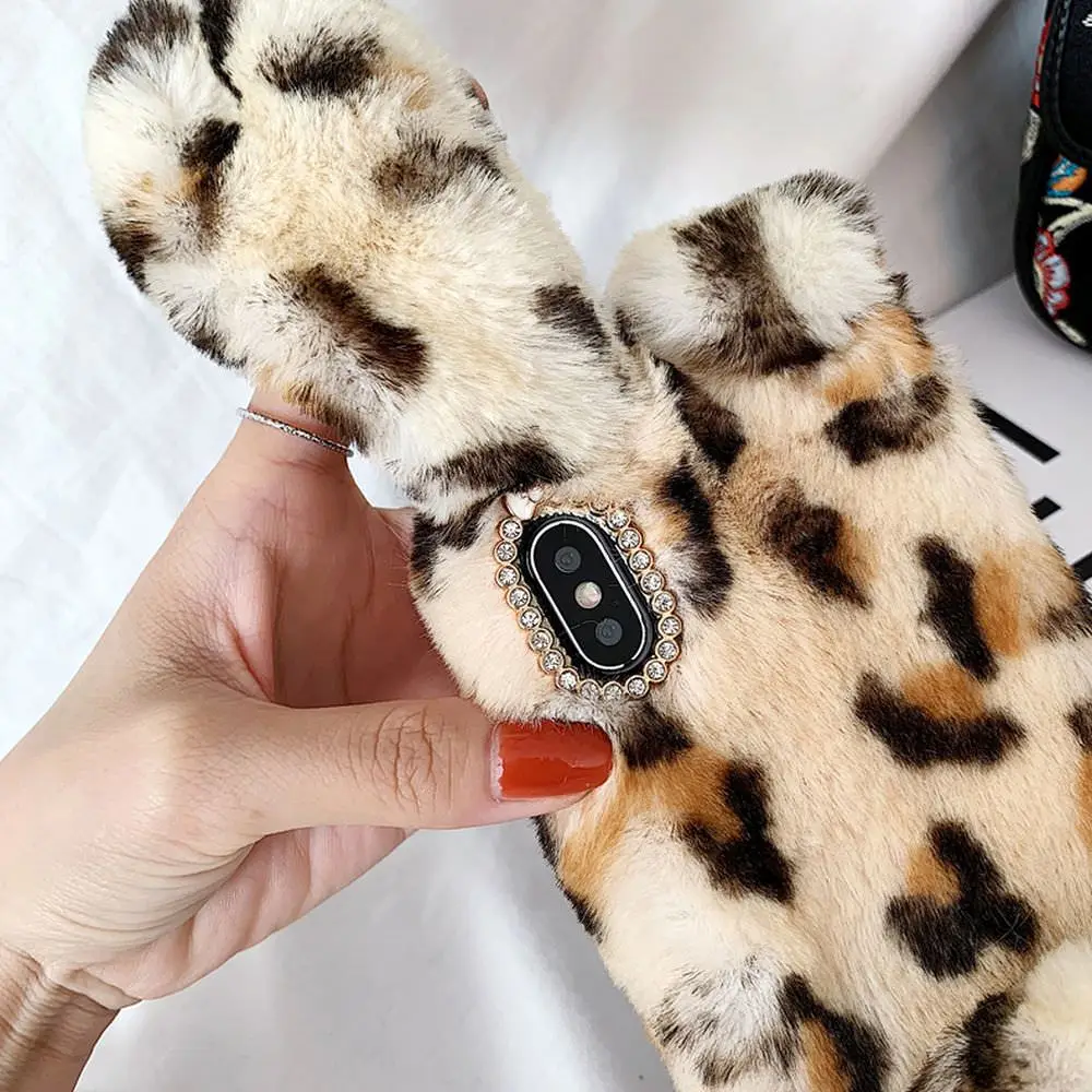 LCHULLE чехол с милыми леопардовыми кроличьими ушками для Apple IPhone XR 11 Pro XS MAX X 6 6S 7 8 Plus, мягкий чехол из ТПУ с пушистым мехом