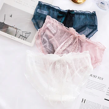 

Transparent Mesh Ladies Underpants Cute Bow-Knot Female Underwear Low Waist Sexy Lace Panties Women