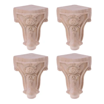

4PCS Wooden Furniture Legs Solid Wood Flower Carved TV Cabinet Seat Feet No Painting