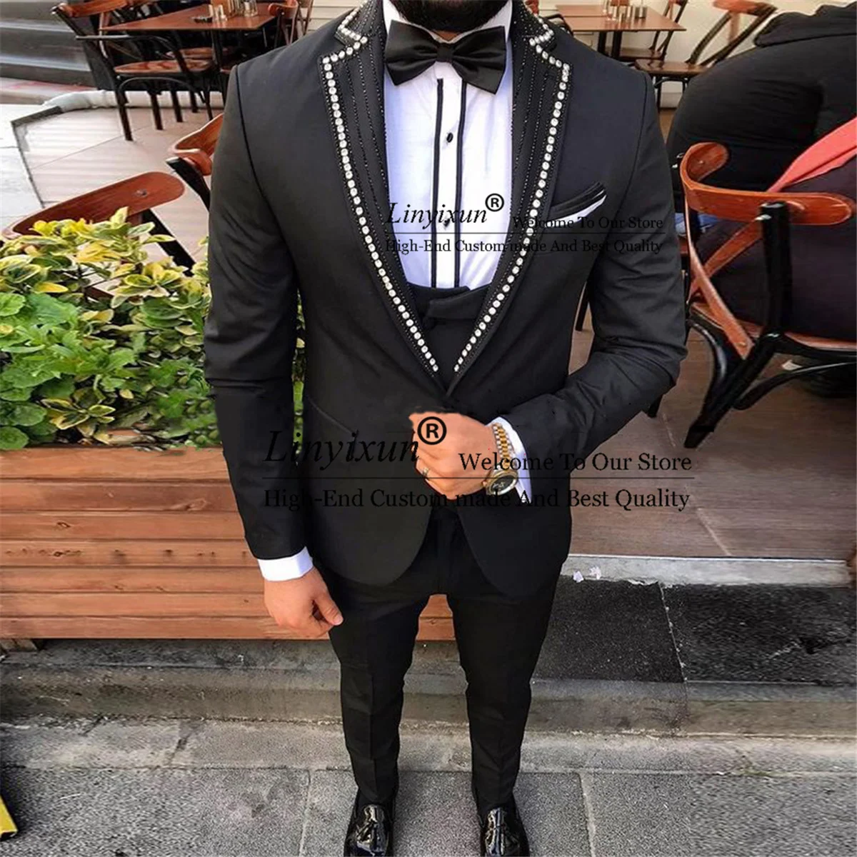 

Luxury Beaded Men Suits Peaked Lapel Wedding Groom Tuxdeos Slim Fit Formal Business Man Prom Blazer 3 Pieces Sets Costume Homme