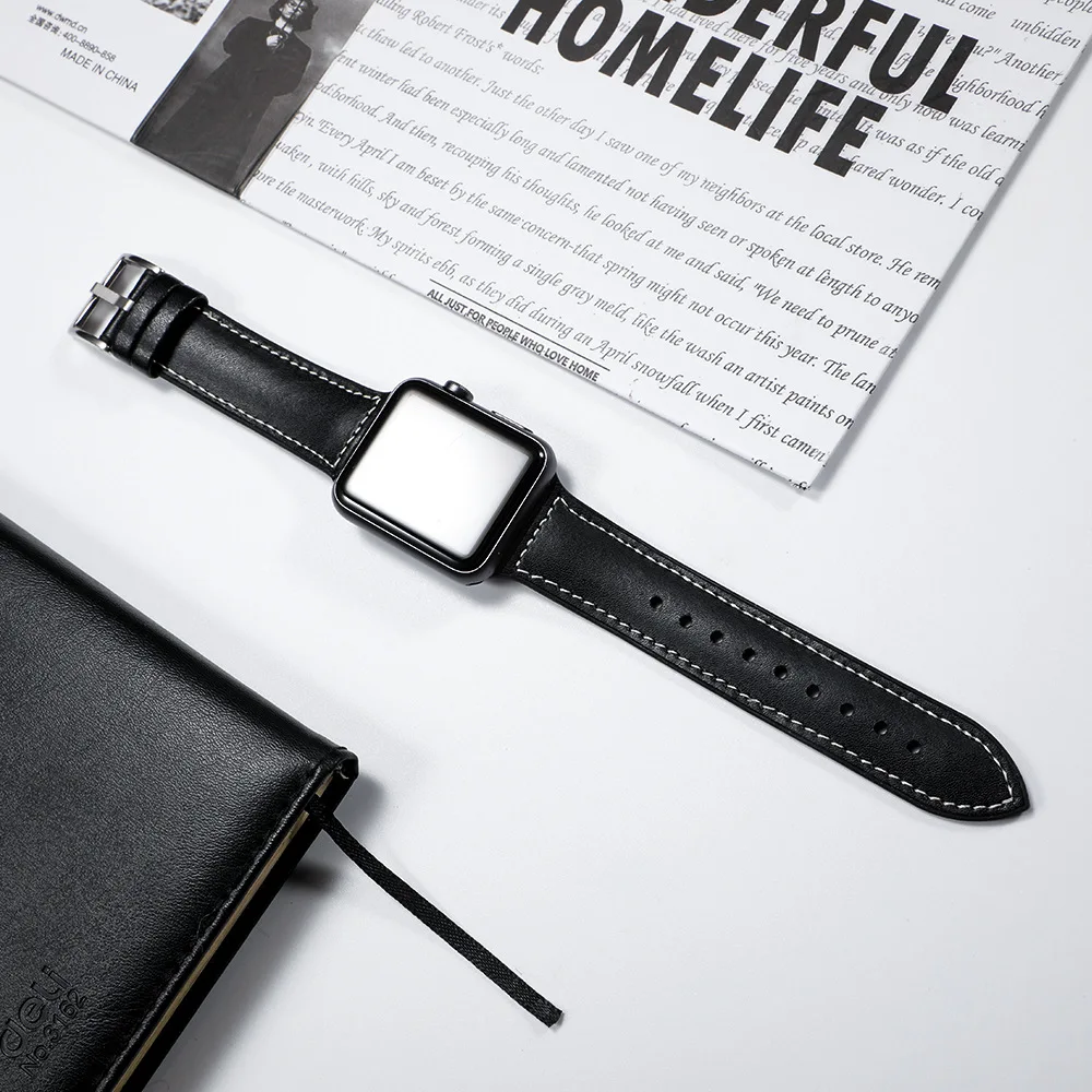 Черный Essidi For Apple Watch Series 5 4 3 2 1 Leather Band Premium Smart Wrist Bracelet Strap Buckle For Iwatch 38 40 42 44MM Loop - Цвет: Черный