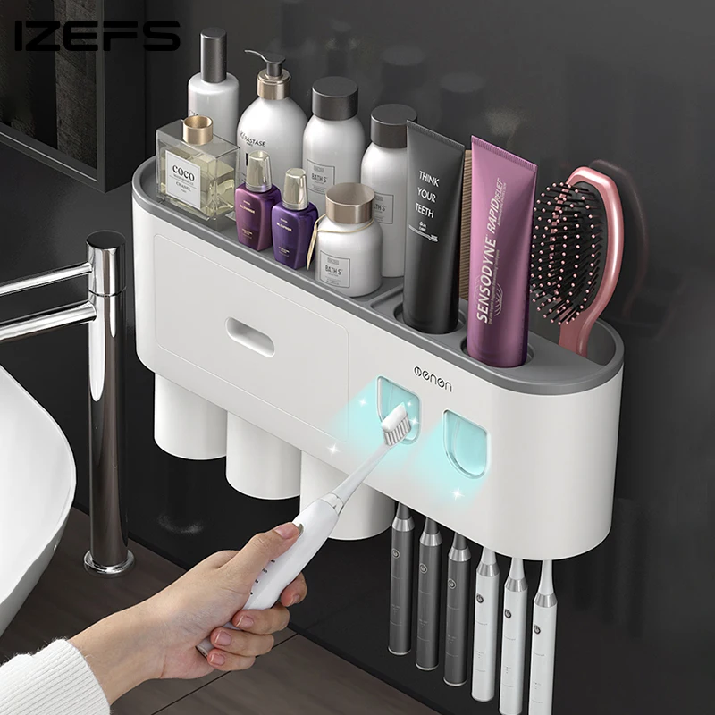 Wall-mounted Toothbrush Holder With 2 Toothpaste Dispenser Punch-free Bathroom Storage For Home Waterproof Accessories | Дом и сад