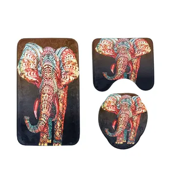 

Home Multifunctional Privacy Protection Pedestal Rug Shower Curtain Set Accessories Decorative Bath Mat Elephant Print Non Slip