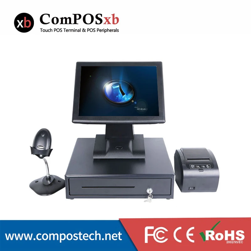 ComPOSxb pos-система, пять проводных резистивных экранов, pos-терминал с EK410 денежным ящиком/80 мм принтер/1D проводной сканер для supermarke