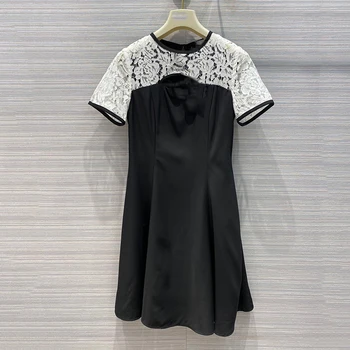 

Elegant Patchwork Dress Women O-neck Lace Short Sleeve Dress Female Fashion Knee Length Dress
