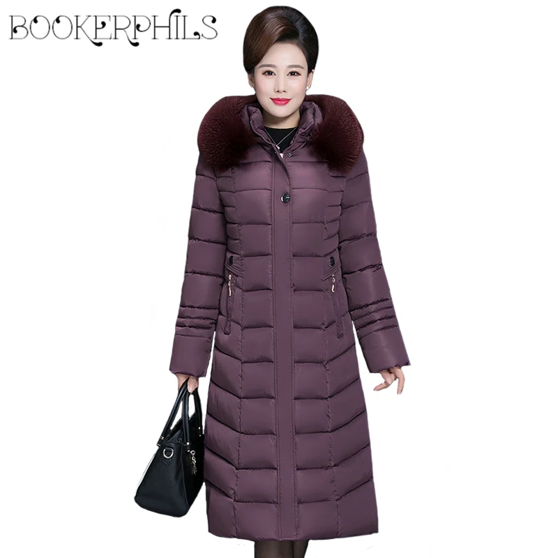Meilleur 2019 hiver veste femme d âge moyen Long coton épaissir à capuche col en fourrure coton Parkas femmes hiver manteau grande taille XL 6XL