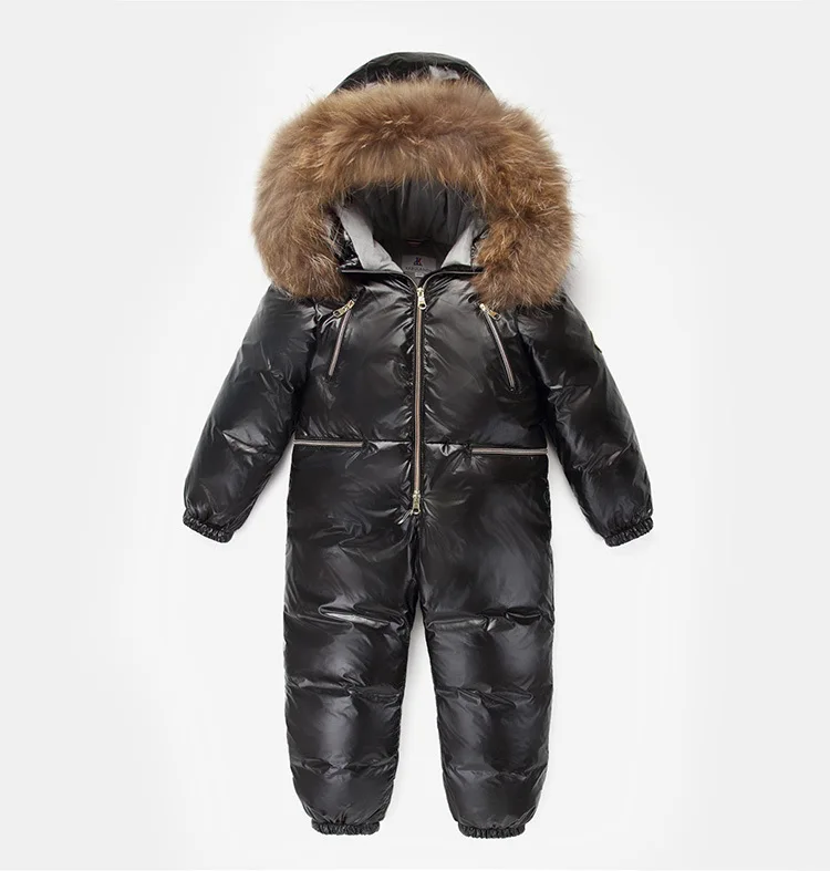 Зимний комбинезон; Одежда для девочек; зимние куртки с капюшоном; детские комбинезоны; плотная теплая верхняя одежда на утином пуху; парка; лыжный костюм - Цвет: Черный