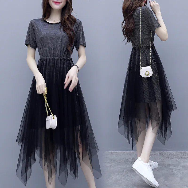 

2019 Summer Wear New Style Popular France Non-mainstream Super Was Thin Joint Gauze Elastic Waist WOMEN'S Dress
