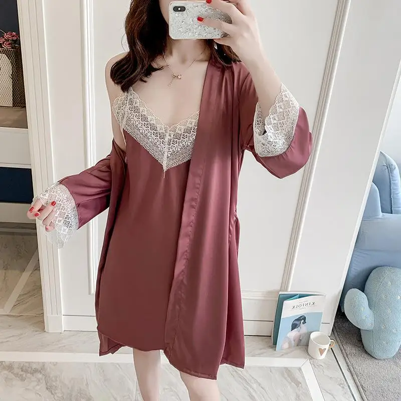 Sexy Womens Night Robe Strap Top Pajamas Suit Summer Two Piec Sleepwear Sets Casual Home Wear Nightwear Sleep Kimono Bath Gown - Цвет: A3