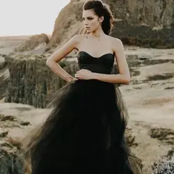 Two Pieces Black Wedding Gowns Strapless Satin Top Soft Tulle A Line Bridal Dresses Retro Vintage Simple Vestidos De Noiva