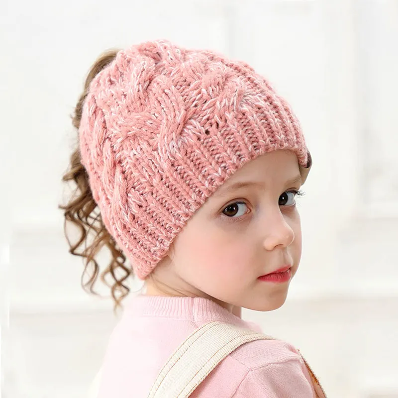 Новое поступление, Зимняя Шапка-бини для детей, смешанные цвета, вязанная осенне-зимняя теплая шапка для девочек, милые зимние шапки-бини с хвостиком