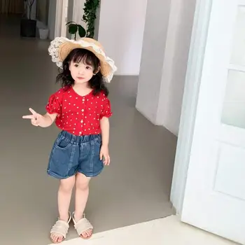 

Spring And Summer Girl Tops Cotton V-neck Short Sleeve Love Heart Pattern Casual Single-breasted Girl Shirt