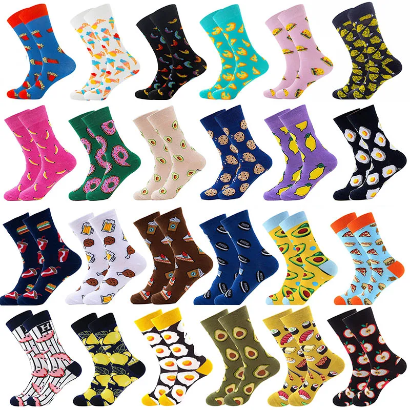 Женские носки, Забавные милые Мультяшные носки с фруктами, бананами, авокадо, лимоном, яйцом, фри, бургером, сыром, едой, счастливым японским Харадзюку, скейтбордом
