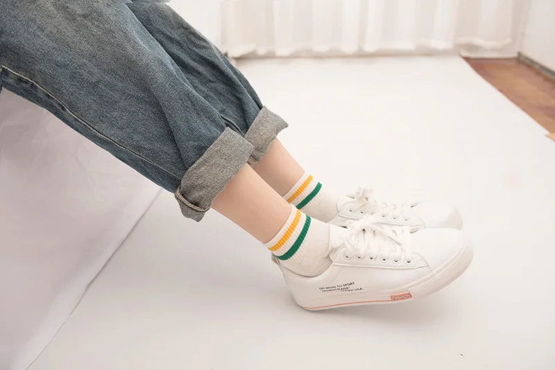 Женские полосатые короткие носки, модные хлопковые носки, корейский стиль, носки с параллельными полосками, спортивные носки, белые короткие носки, набор 3 пар/лот