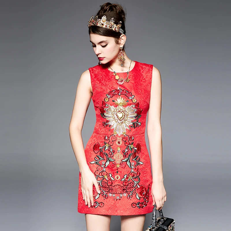 

Designer Dress Women's High Quality Elegant Sleeveless Heart Beading Diamond Flower Embroidered Jacquard Dress