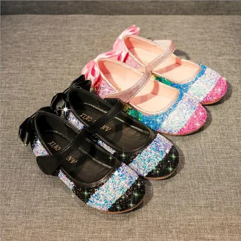 

Girls sequins PU leather shoes princess children shoes fashion flat glitter princess crystal performance shoes girl dress shoe