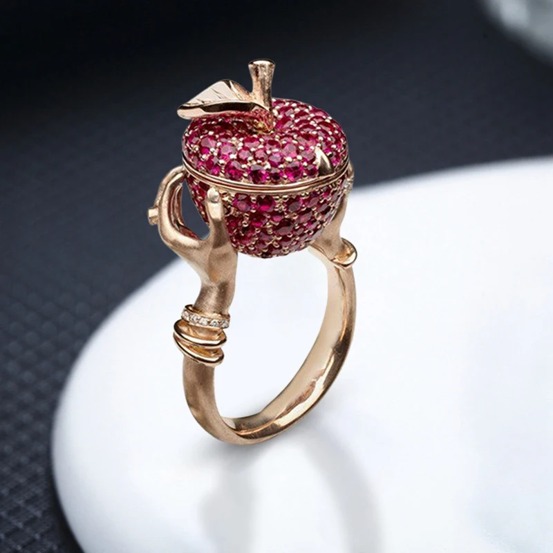 Wedding Ring Luxury Pink Crystal Apple Unisex for Women Men Anniversary Gift Jewelry