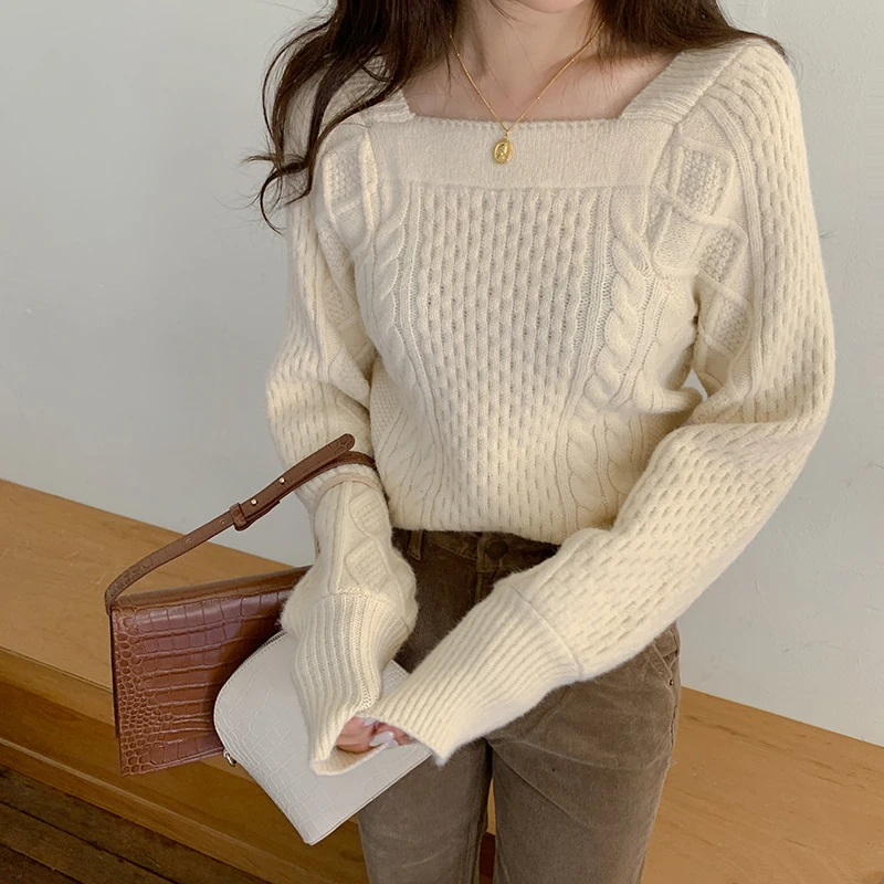 Neploe Ins, квадратный воротник, твист, вязаный свитер, женский, толстый, теплый, однотонный, крест, дизайн, пуловер, солидный, Pull Femme Sueter 47636