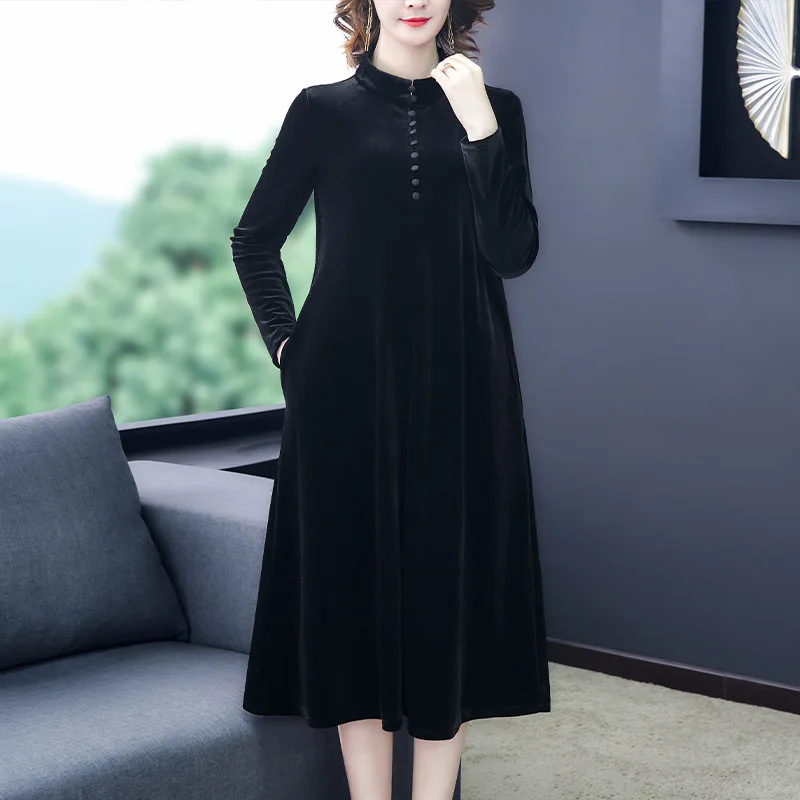 

Europe And America Lady Underwear High-End Gold Velvet Dress Women's Autumn And Winter Nobility Mom Elegance Velvet Dress