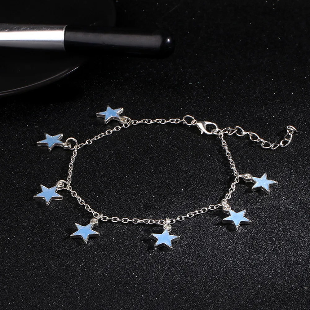 Blue Night Light Pentagon Star Beach Wind And Silver Plated Chain Modyle Bohemian Beads Ankle Bracelet for Women Leg Chain Round