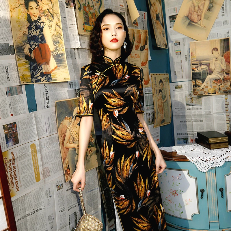 

Sheng Coco Rayon Cheongsam Dresses Black Silk Banquet Evening Dress Golden Leaves Printing Qipao Lady Chinese Style Long Qipao