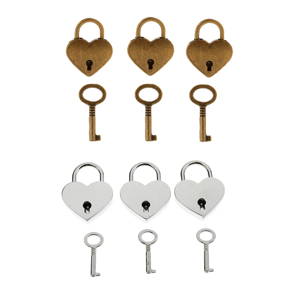 6x Mini Heart Shape Padlock With 6 Keys Suitcase Lock Silver&Antique Brass M