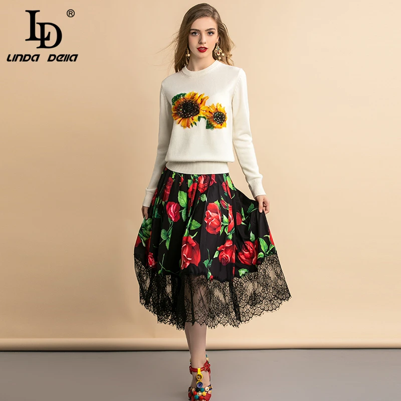 

LD LINDA DELLA Autumn Fashion Runway Elegant Suit Women's Flowers Appliques and Vintage Rose Print Skirt Two Pieces Set Suits