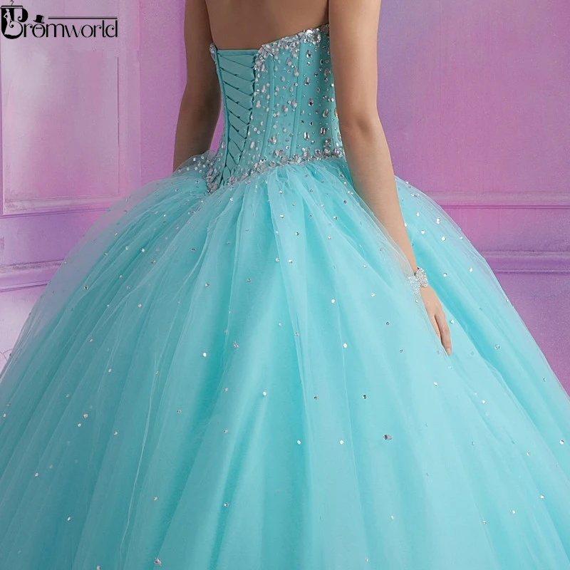 Бирюзовые пышные Дешевые Бальные платья vestido 15 anos милые вечерние платья из тюля с бисером и кристаллами 16