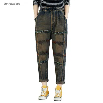

Streetwear Vintage Embroidery Women Jeans 2020 Spring Elastic Waist Boyfriend Casual Retro Denim Straight Pants Female