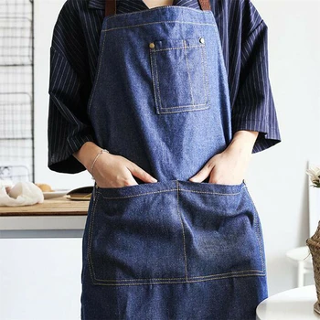 

Fashion Korean Jean Apron Unisex Restaurant Kitchen 2 Pockets Cooking Dress