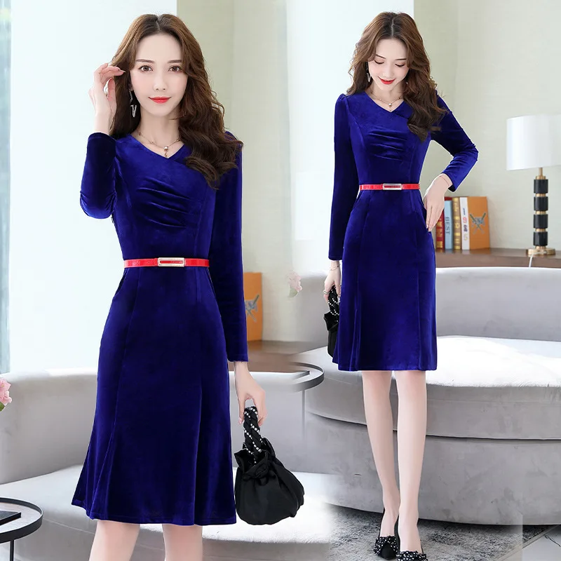 

2019 Spring And Autumn New Style WOMEN'S Dress V-neck Long-sleeve Dress Slim Fit Europe And America Gold Velvet Long Skirts Slim